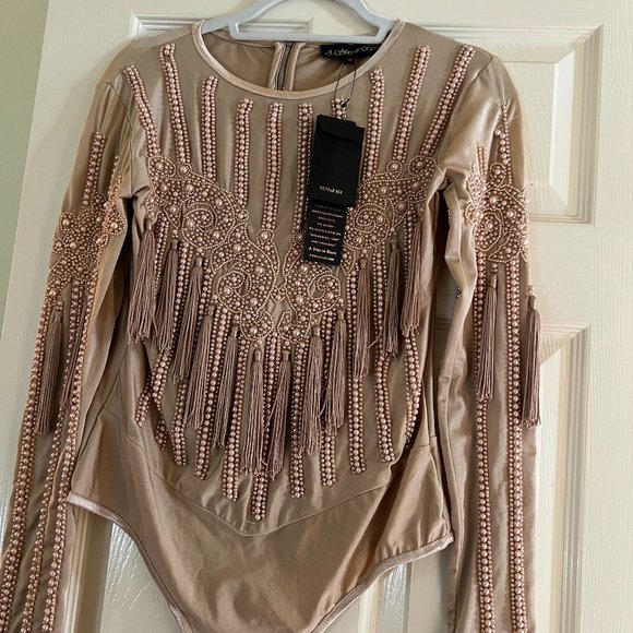 A Star is Born Gold Embellished Fringe Bodysuit - Picture 1 of 3